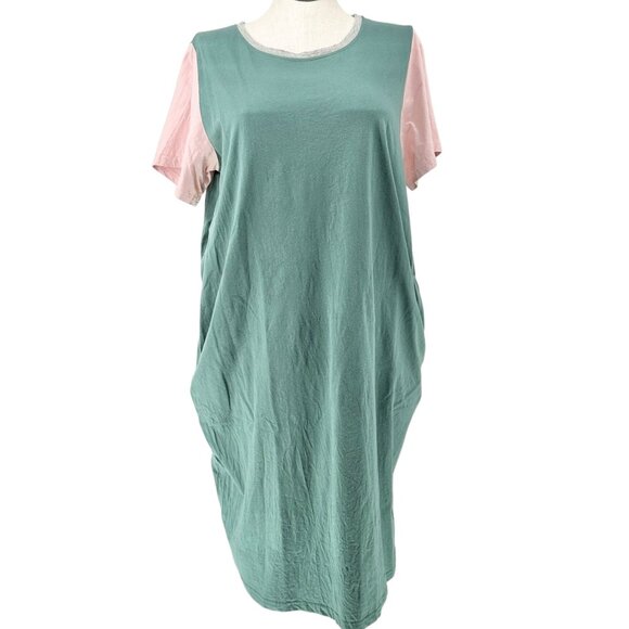 Roolee Nursing Dress Womens Size 3XL Green Pink SS Cotton Side Zippers Access - Picture 1 of 11